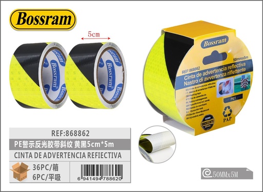 [868862] Cinta de advertencia reflectiva amarillo/negro 5cmx5m