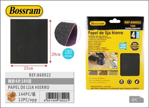 [868922] Papel de lija hierro 180 4pcs para carpintería