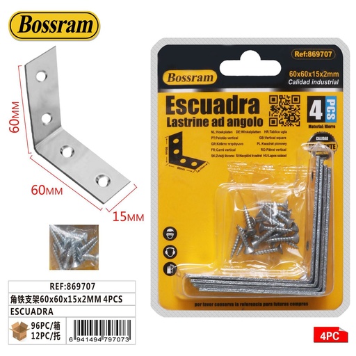 [869707] Escuadra metálica 60x60x15x2mm 4pcs para fijación