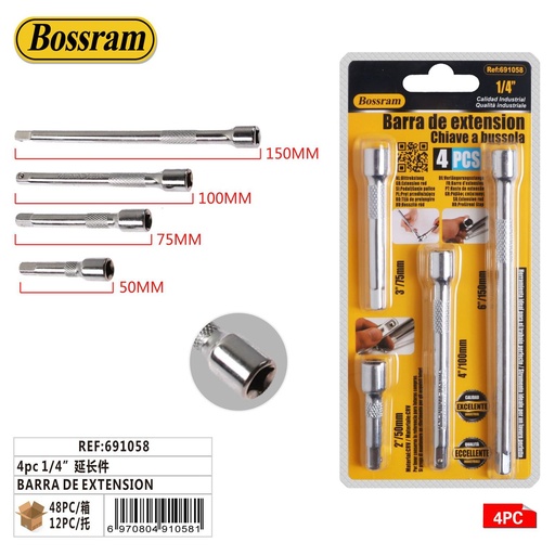 [691058] Barra de extensión 1/4" 4pc para herramientas y llaves