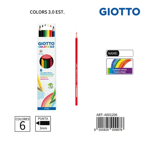 [A001206] Giotto color lápices 3mm estuche de 6 uds para dibujo y escritura