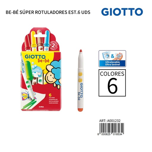 [A001232] Giotto Be-Bè Súper Rotuladores, estuche de 6 uds para niños