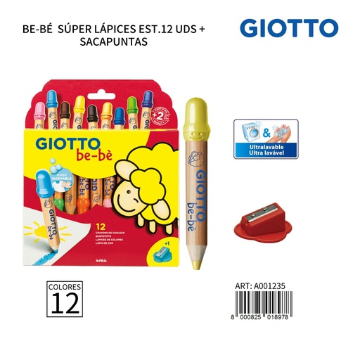 [A001235] Giotto Be-Bè Súper Lápices Est.12 uds + sacapuntas para dibujo infantil