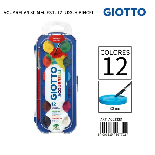 [A001223] Acuarelas Giotto de 30 mm en 12 colores + pincel - Material de papelería