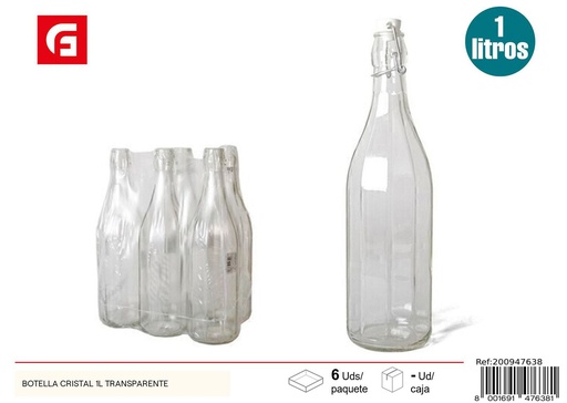 [A001988] Botella de cristal transparente 1L para bebidas y almacenamiento