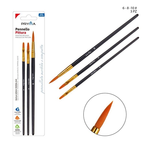 [0123222] Pincel redondo 3pcs tamaño 6/8/10 para pintura