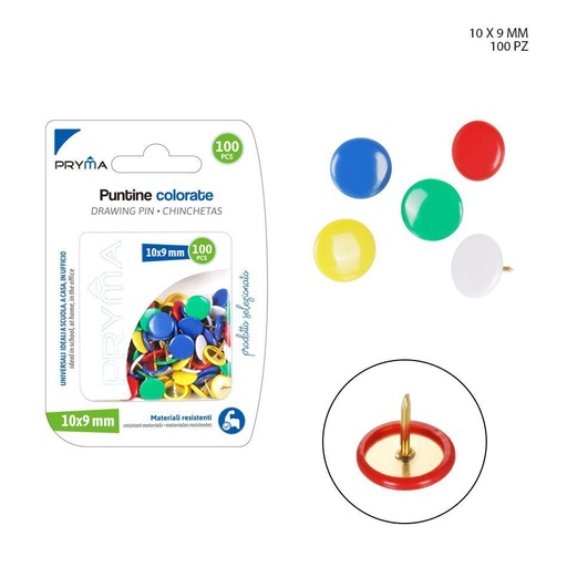 [0124688] Chinchetas de colores 1x0.9cm (100pz) - Artículos de oficina y escolar