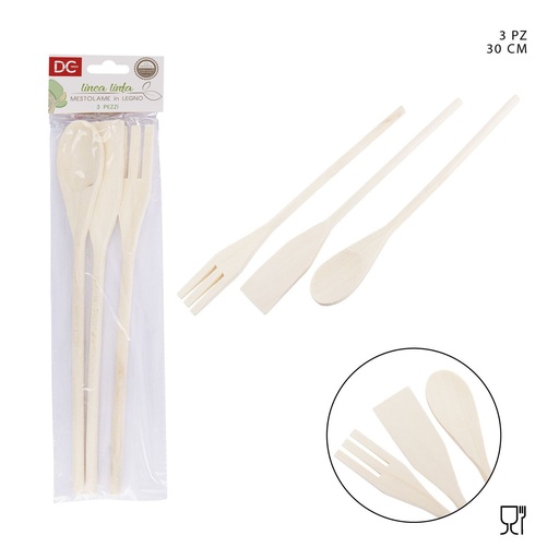 [0134670] Set de utensilios de madera blancos 30cm 3pz - Artículos de cocina