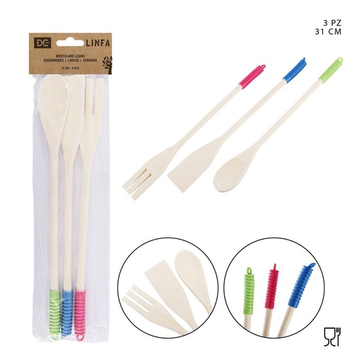 [0134671] Utensilios de madera blanco 31cm 3pcs para cocina y utensilios