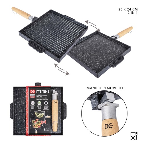 [0227659] Sartén parrilla cuadrada 2 en 1 25x24cm de aluminio fundido para cocinar carnes y verduras