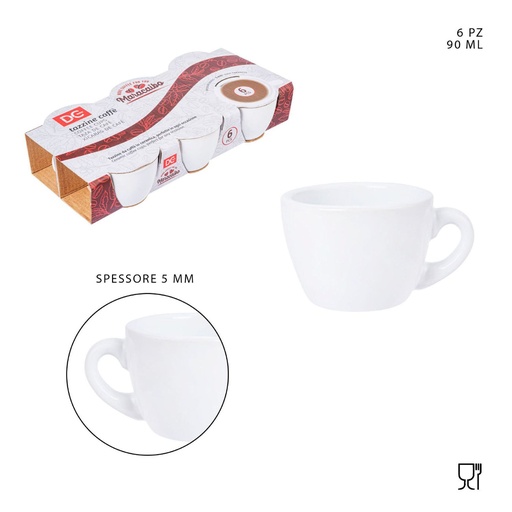 [0227814] Taza de café cerámica 90ml blanca 6pz vajilla hogar