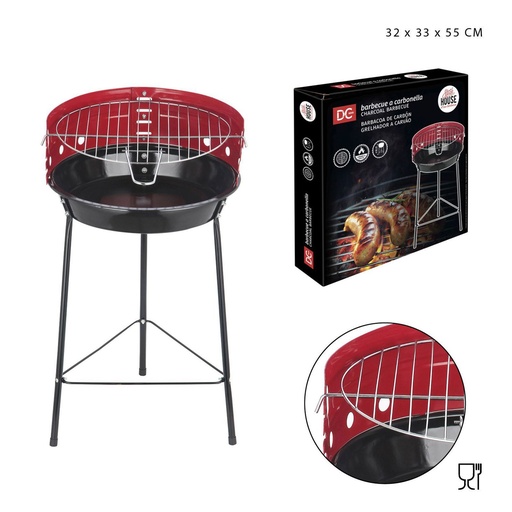 [0228626] Barbacoa a carbón compacta redonda 32x33x55cm para cocinar al aire libre