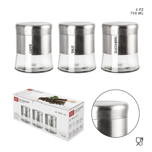 [0228185] Tarros de cristal para sal/azúcar 750ml 3pcs plata, almacenamiento de cocina