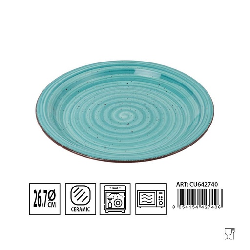 [0230172] Plato plano 26.7cm azul claro de cerámica para servir comidas