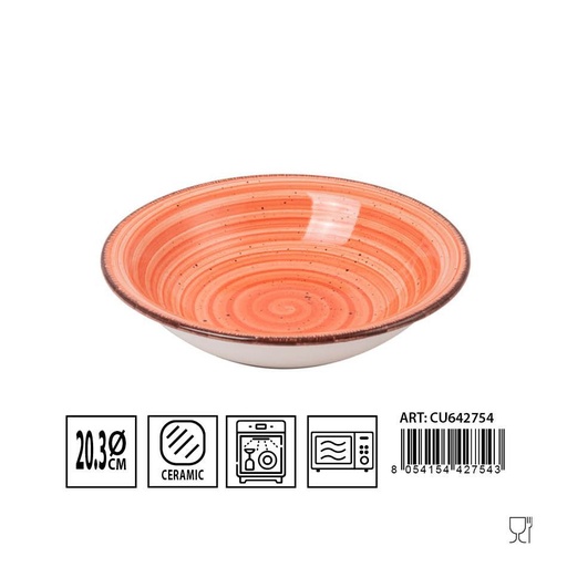 [0230186] Plato hondo de cerámica anaranjado 20.3cm para cocina y verano