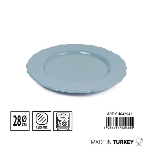 [0231925] Plato plano Juliet 28cm celeste para servir alimentos