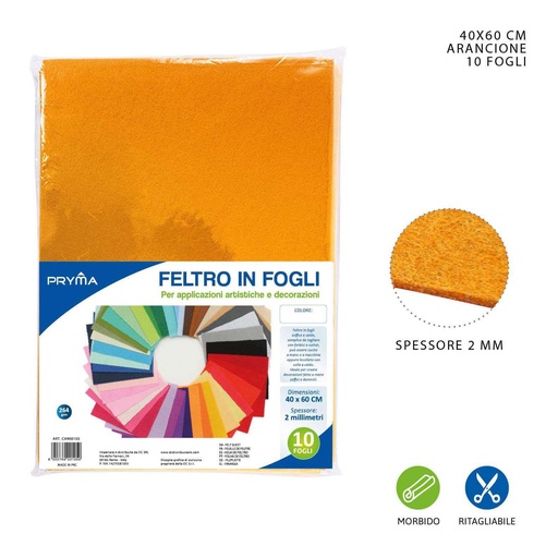 [0147886] Hoja de fieltro naranja 40x60cm 2mm 264g para artesanías