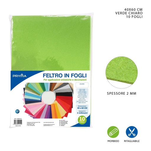 [0147887] Hoja de fieltro verde claro 40x60CM 2MM 264G - Material de manualidades