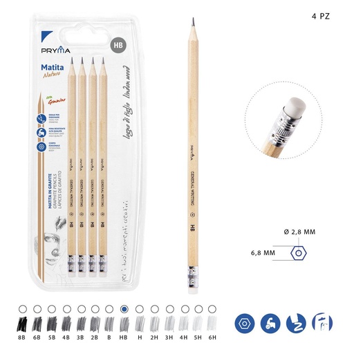 [0148695] Lápiz de grafito HB con goma de borrar 4pz - Artículos de papelería