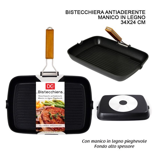 [0151404] Sartén parrilla antiadherente con mango de madera 34x24 cm - Utensilios de cocina