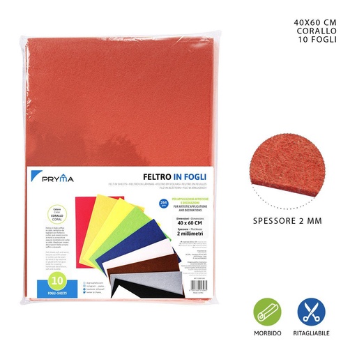 [0150205] Hoja de fieltro 40x60cm 2mm 264g rojo coral para manualidades