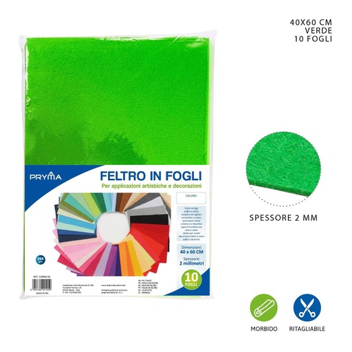 [0150208] Hoja de fieltro verde 40x60CM 2MM 264G - Material de manualidades