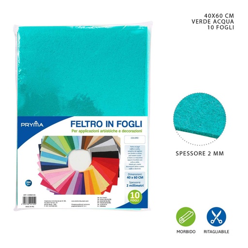 [0150209] Hoja de fieltro verde agua 40x60cm 2mm 264g para manualidades