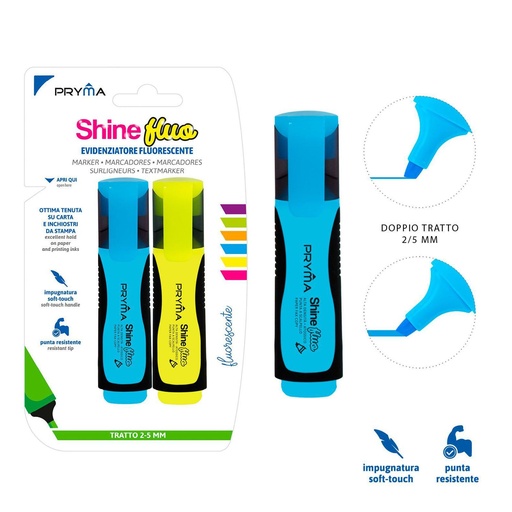 [0201599] Subrayador Shine cabeza plana 2/5 mm 2 piezas color flúo - Marcador fluorescente