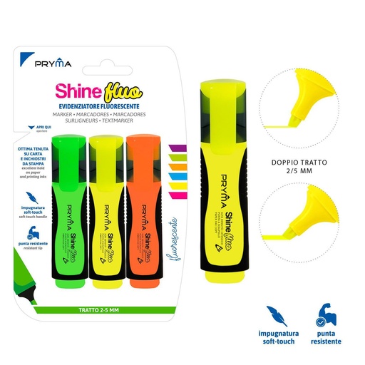 [0201600] Subrayador Shine cabeza plana 2/5mm 3pz para oficina y estudios