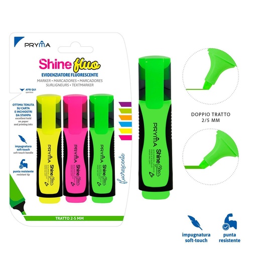 [0201601] Subrayador Shine cabezal plano 2/5mm 3pz - Marcadores y escritura