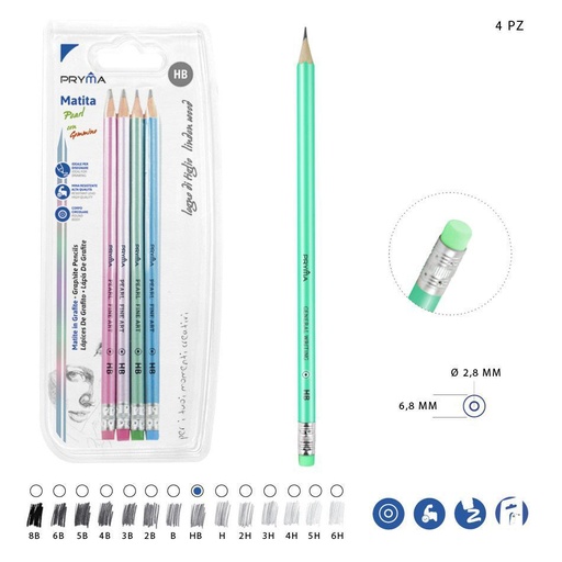 [0202199] Lápiz de grafito HB con goma de borrar 4PZ perla - Utensilios de escritura