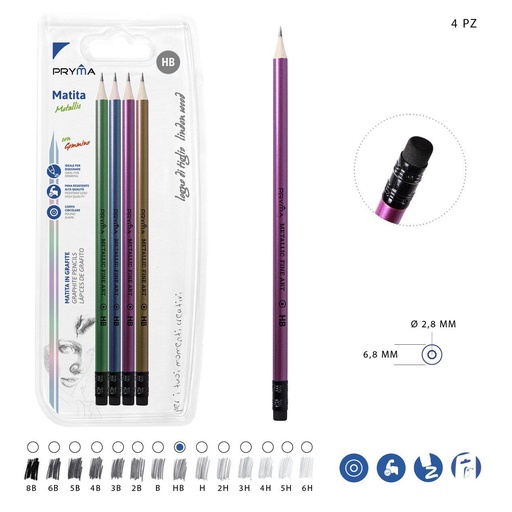 [0204132] Lápiz grafito HB con goma de borrar 4PZ metálico - Utensilios de escritura