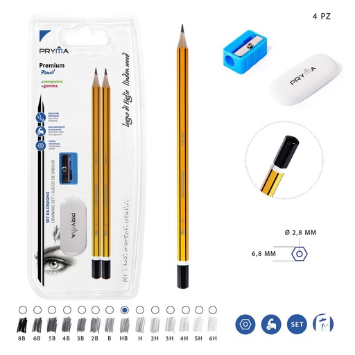 [0204138] Pencil HB 2 piezas + sacapuntas + goma de borrar - Kit de escritura escolar