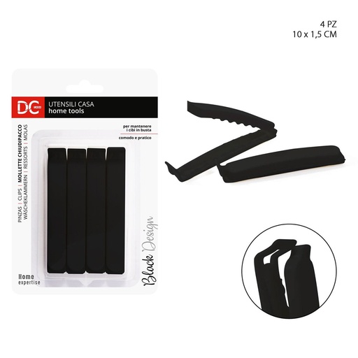 [0205728] Clips cierra bolsas negros 10x1.5cm 4pz para cocina y almacenamiento