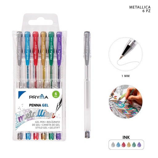 [0206336] Bolígrafo de gel metálico 0.8mm, 6 piezas, para escribir