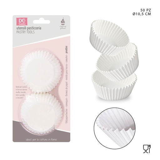 [0204165] Moldes de papel para magdalenas 10.5cm 50pcs blanco para repostería