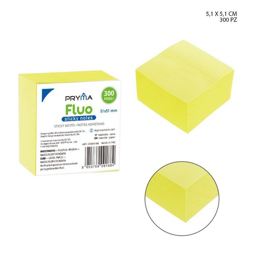 [0208234] Nota adhesiva 51x51mm 300 hojas amarillo fluorescente para oficina