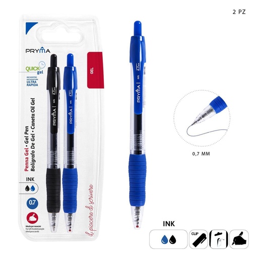 [0209527] Bolígrafo clic gel de secado rápido 0.7mm 2pz negro/azul para escritura