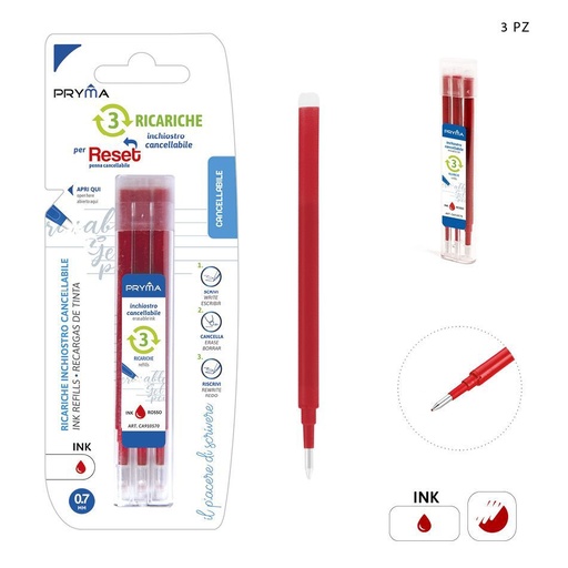 [0210468] Recambio de bolígrafo borrable reset 0.7mm 3pz rojo para escritura