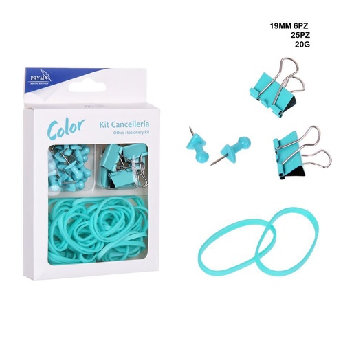 [0209905] Kit de oficina: chinchetas 25pcs, pinzas sujetapapeles 6pcs, gomitas 20g para organización
