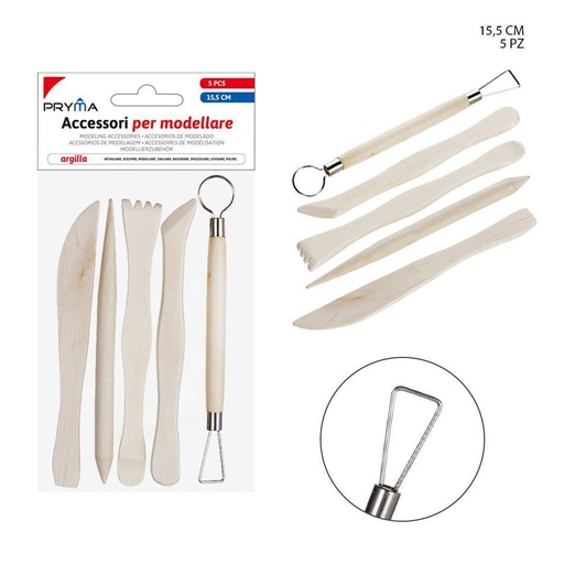 [0209785] Accesorios de plastilina de madera 15.5cm 5pz - Artículos de manualidades