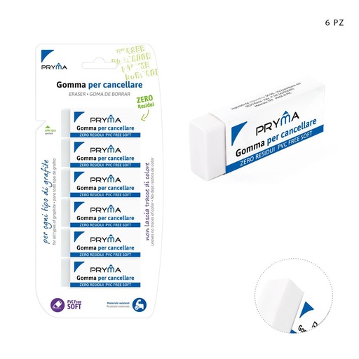 [0214550] Goma de borrar blanca 62x21.5x11.5mm 6pz para corrección y papelería