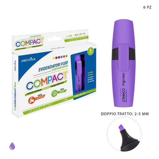 [0215650] Subrayador compacto morado fluorescente punta plana 2/5mm para marcar y resaltar