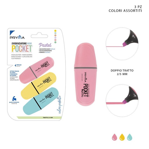 [0215658] Set de mini subrayadores Pocket 2/5mm 3pcs colores pastel para oficina