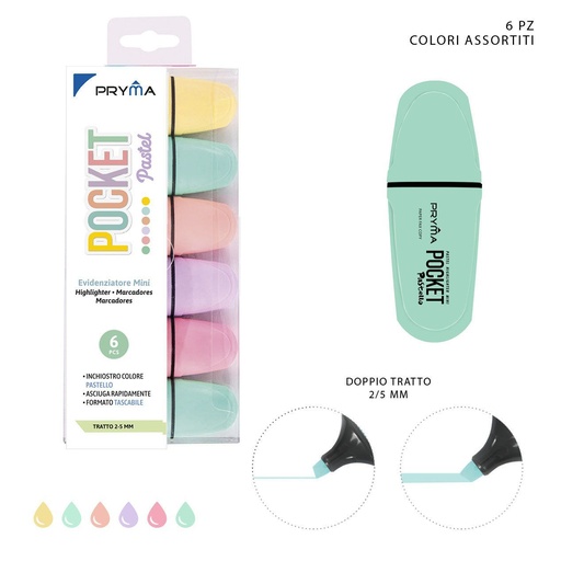 [0215661] Mini subrayador pocket cabeza plana 2/5mm 6pz colores pastel
