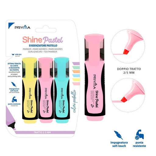 [0215736] Subrayador Shine cabezal plano 2/5mm 3pz color past - Marcadores y escritura