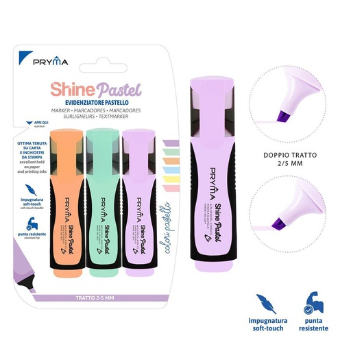[0215737] Subrayador Shine cabezal plano 2/5mm 3pz color past - Marcadores y escritura