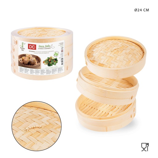 [0219153] Vaporera de bambú 2 niveles 24 cm - Cocinador al vapor saludable