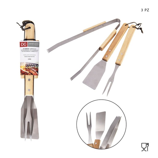 [0217609] Set de utensilios de barbacoa de madera 3 piezas (33/34/34 cm) - Herramientas para asar