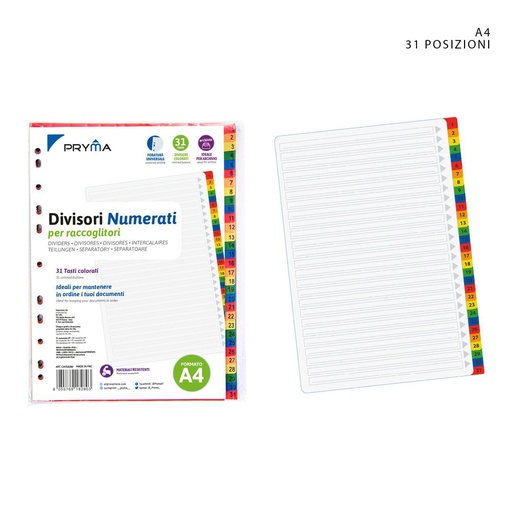 [0217716] Separadores de índice de colores 1-31 29.8x22.4cm - Material de oficina